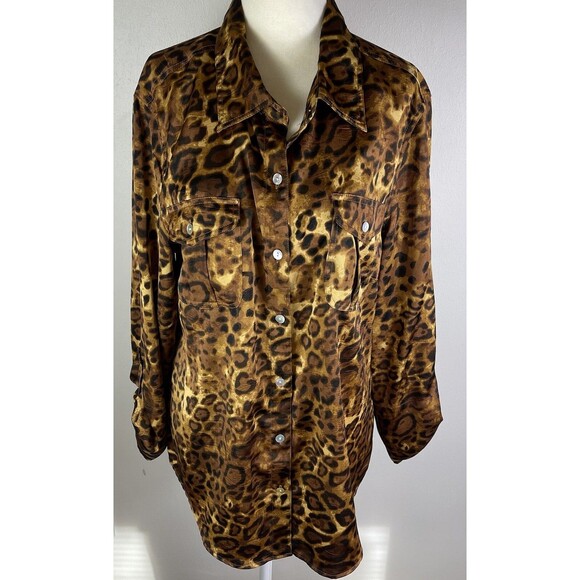 Ruby Rd Liquid Knit Long Sleeve Blouse 12 Leopard Animal Print Shiny Roll Tab - Picture 2 of 11